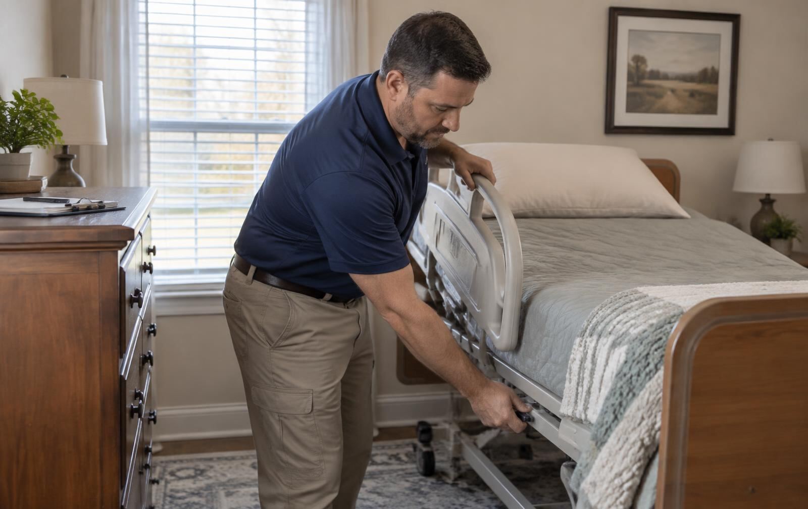 A delivery technician adjusting a home hospital bed in a bedroom