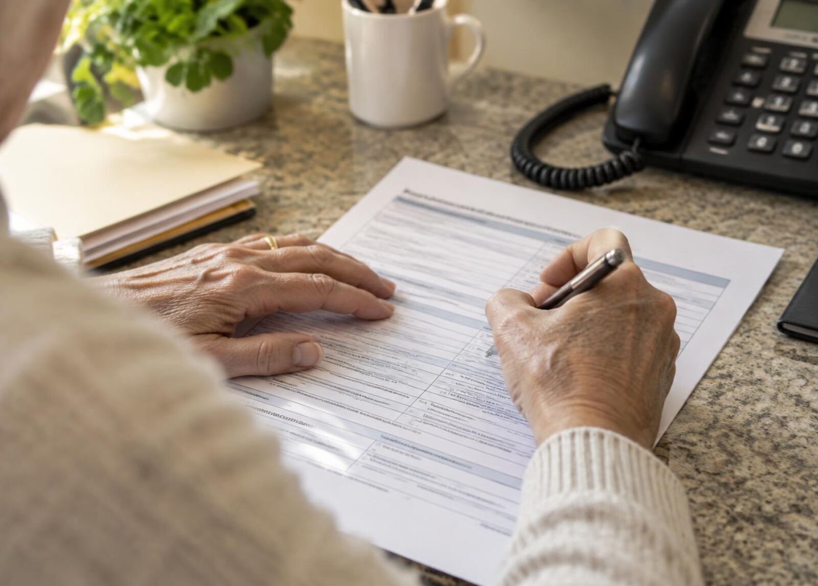 Hands filling out Medicare and insurance paperwork at a counter